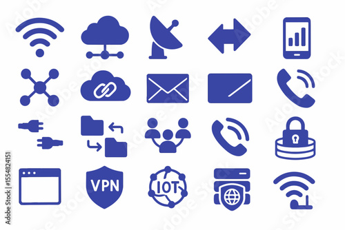 Collection of Blue Internet and Networking Icons on a White Background Including Cloud Computing Wireless Signal Data Transfer VPN IoT Email and Security Related Symbols