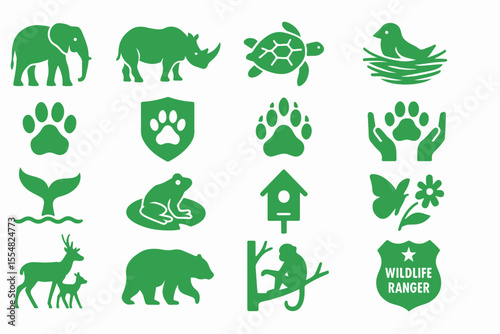 Green Wildlife Conservation Icons A Collection of Animals and Symbols Representing Nature Protection and Environmental Stewardship Including Mammals Birds Reptiles and Conservation Badges on a