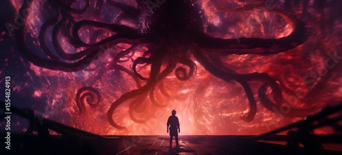pop surreal unreal silhouettes spiral towards Kraken ifrit, ai generatif