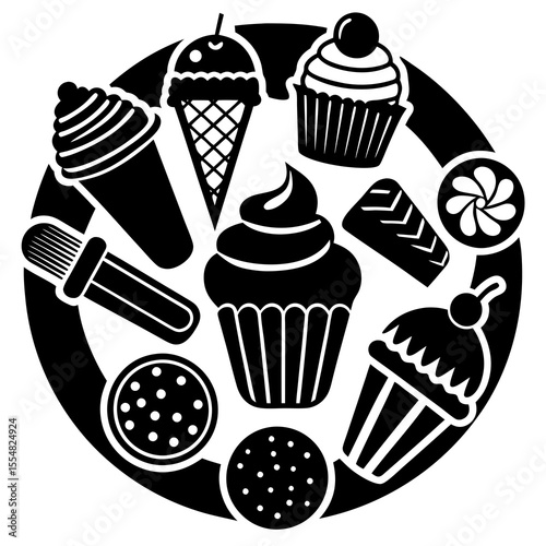 Cupcakes and desserts arranged in a circle isolated on white background