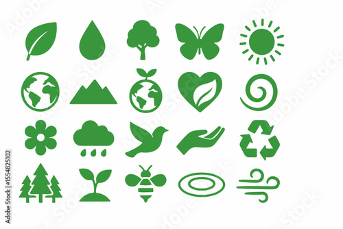 Collection of Green Environmental Icons Representing Nature Sustainability and Ecological Awareness Featuring Elements Like Leaves Water Earth Animals and Renewable Energy Sources on a White
