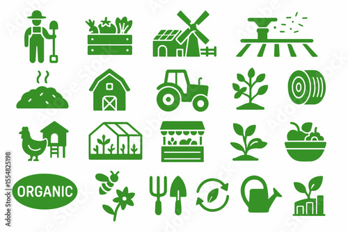 Green Organic Farming Icon Set A Collection of Agriculture and Sustainable Practices Symbols Including Farmer Tractor Greenhouse and Renewable Energy Promoting Eco Friendly and Healthy