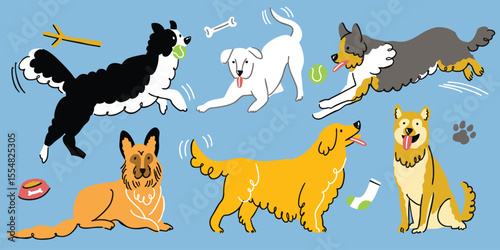 Dog Illustration Doodle hand drawn set collections, flat vector of cute dog pets on isolated flat background, playful dogs