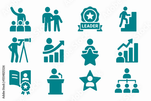 A collection of teal leadership icons including a leader addressing a crowd a leader badge a person climbing stairs and a person at a podium