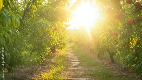Sunlit orchard pathway lined with ripe peaches, showcasing vibrant greenery and serene nature