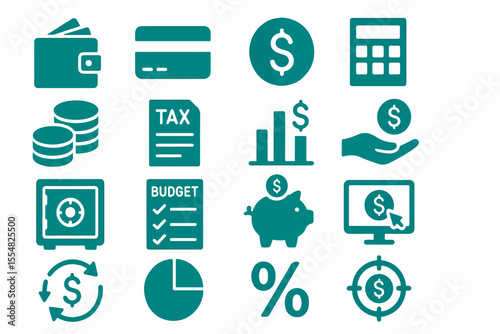 Teal Financial Icons Representing Money Management Banking and Investment Strategies on a White Background Including Wallet Credit Card Calculator Piggy Bank and Budgeting Tools collection