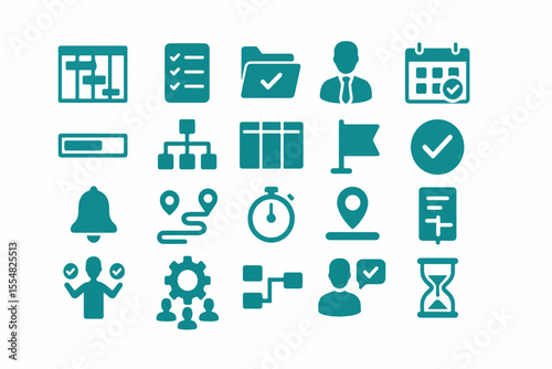 Teal Business and Project Management Icon Set Representing Planning Execution and Tracking Progress with Symbols for Timelines Checklists Teamwork and Goals on a White Background