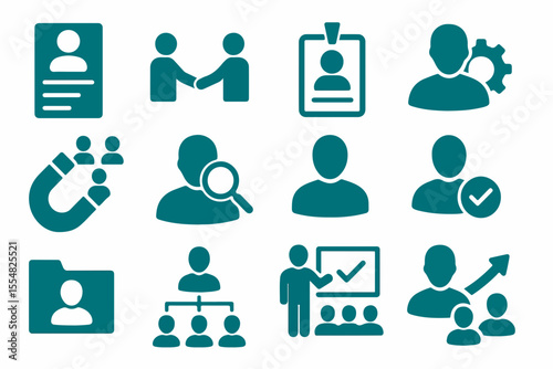Teal Business and Human Resources Icon Set A Collection of Symbols Representing Recruitment Management Collaboration Training and Organizational Structure on a Clean White Background set
