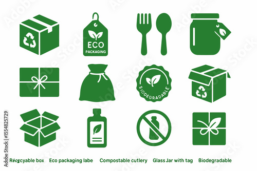 Vector set of recycling icons featuring eco-friendly symbols like leaves, trees, and recycling signs