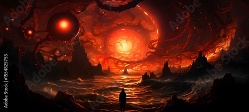 pop surreal unreal silhouettes spiral towards Kraken ifrit, ai generatif
