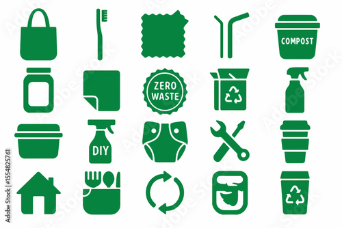 Green Zero Waste Lifestyle Icons A collection of reusable items recycling symbols and eco friendly alternatives promoting sustainability and reducing environmental impact for a greener