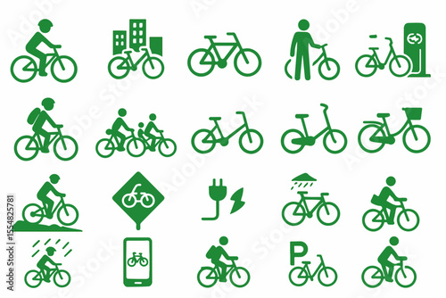 Green Bicycle Icon Set A collection of vector icons representing various aspects of cycling including commuting family rides electric bikes parking and weather conditions all