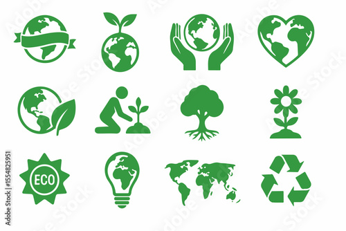 Green Eco Friendly Icons A Collection of Symbols Representing Sustainability Environmental Awareness and Ecological Practices Including Earth Plants Recycling and Renewable Energy all in a