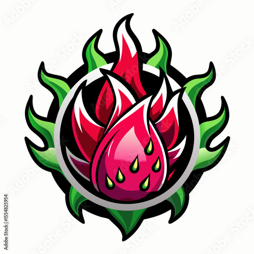 Stylized dragon fruit with leaves isolated on white background