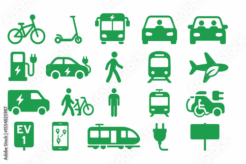 Green Transportation Icons A Collection of Sustainable Mobility Options Including Electric Vehicles Bicycles Public Transit and Pedestrian Symbols Presented in a Clean and Modern Graphic