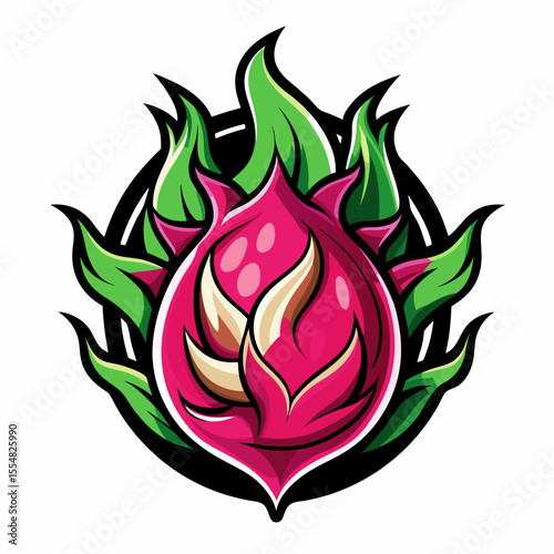 Stylized dragon fruit with leaves isolated on white background