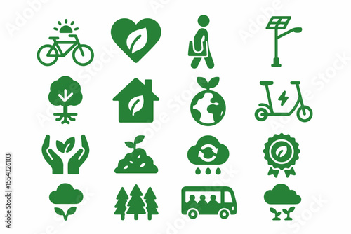 Green Ecology Icon Set Representing Sustainable Living and Environmental Awareness Including Transportation Energy Nature and Conservation all in a Simple Clean and Modern Design collection