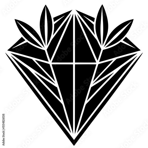 Diamond with leaves isolated on white background in black and white