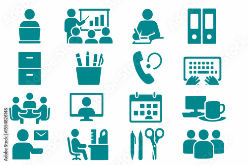 A collection of teal office icons representing various aspects of business communication and productivity including meetings presentations paperwork and office supplies on a white background