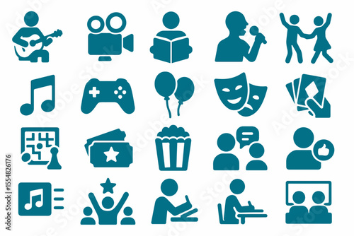 A Collection of Entertainment and Leisure Icons A Visual Representation of Hobbies Activities and Recreational Pursuits in a Single Unified Teal Color Scheme icons representing