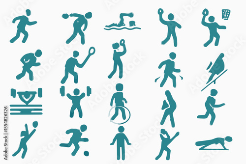 Diverse Sports Pictograms A Collection of Teal Icons Representing Various Athletic Activities Including Running Swimming Weightlifting Basketball and More Set Against a Clean White Background