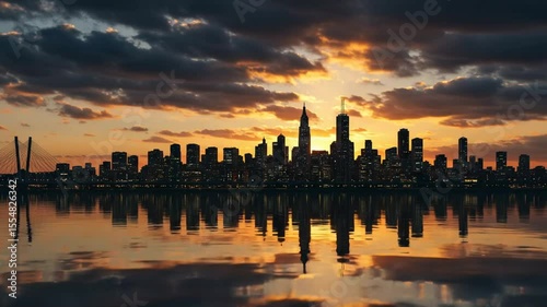 Sunset over a city skyline reflecting on water, with clouds and silhouettes of buildings