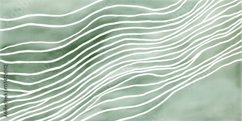 White wavy stripes flowing on green watercolor background