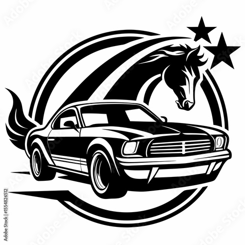 Classic muscle car with horse head and stars design