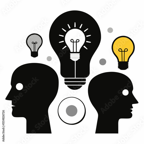 Two heads face each other with lightbulbs representing ideas
