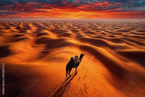 Against vivid sunset skies, a lone camel travels across rippling Saharan dunes toward the distant sand dune horizon, aerial drone view