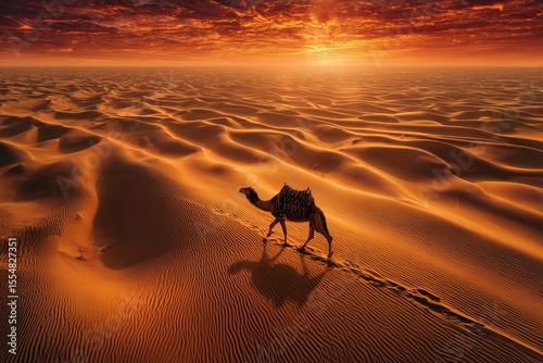 Against vivid sunset skies, a lone camel travels across rippling Saharan dunes toward the distant sand dune horizon, aerial drone view