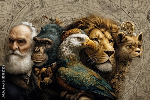 animals representing the evolution theory by charles darwin, caricature illustration