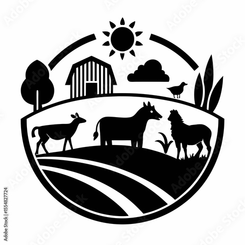 Farm landscape with animals barn and sun isolated on white background