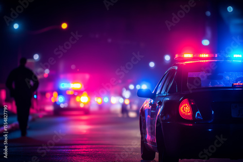 Under flashing red and blue lights, a figure is taken into custody by police at night, while patrol cars loom in the distance, capturing a tense moment of law and order.









