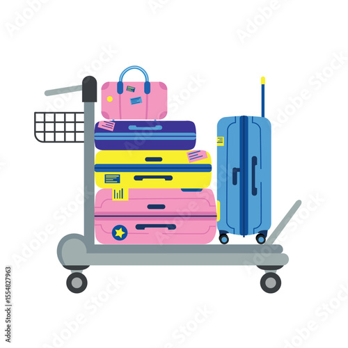 Airport Luggage Trolley – Colorful Suitcases Vector Illustration, Flat vector illustration of a baggage cart loaded with colorful suitcases and a travel bag. Depicts airport travel