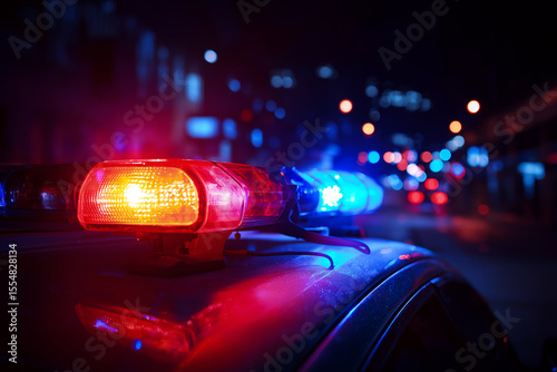 Under flashing red and blue lights, a figure is taken into custody by police at night, while patrol cars loom in the distance, capturing a tense moment of law and order.









