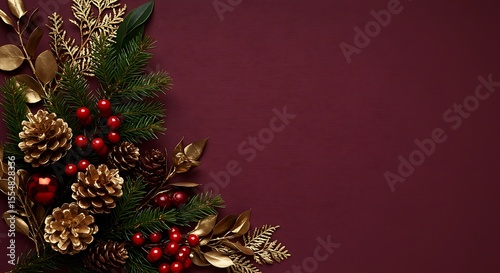 A festive christmas arrangement features gold pine cones red berries and gold leaves on a deep burgundy background