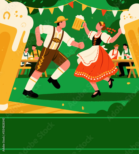 Flat style beer festival celebration poster with rustic Bavarian vibe.