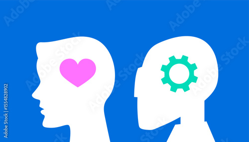Silhouette of human head with heart inside and robot head with gear. Difference between a human and an AI. Man with feelings and soul. Unfeeling robot. Creative and technological approach to work