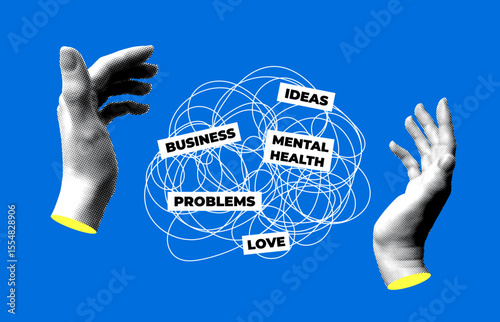 Halftone hands manipulate a ball of thoughts. Mental health. Psychotherapy session. Untangling thoughts. Problem solving. Help from psychologist. Modern collage
