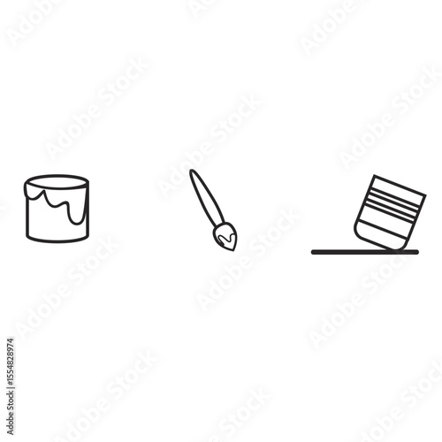 Vector set of paint line icons. Collection includes paint brush, painter, house painting, spray can, paint can, color palette, paint roller and more. Pixel perfect thin outline style on white backgrou