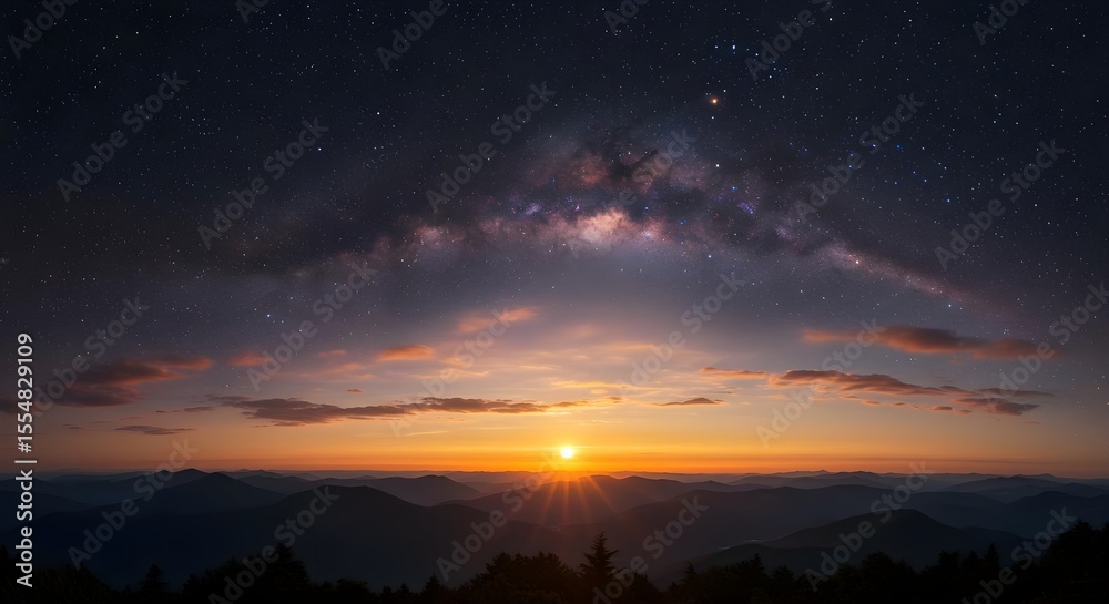 Sunset, Sunrise, Milky way, Majestic Sunset and Milky Way over Mountain Range Sunset, Sunrise, Milky way, Majestic Sunset and Milky Way over Mountain Range