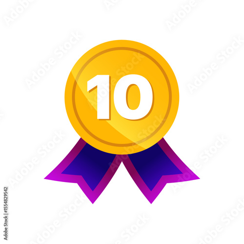 Gold medal with number 10 and purple ribbon, award icon for achievement or top ranking
