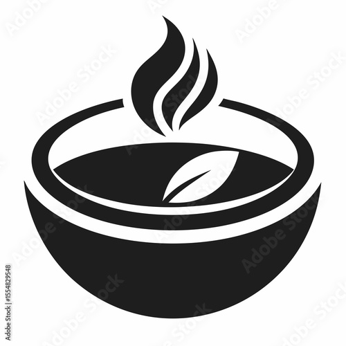 Bowl of tea with a leaf and steam isolated on white background