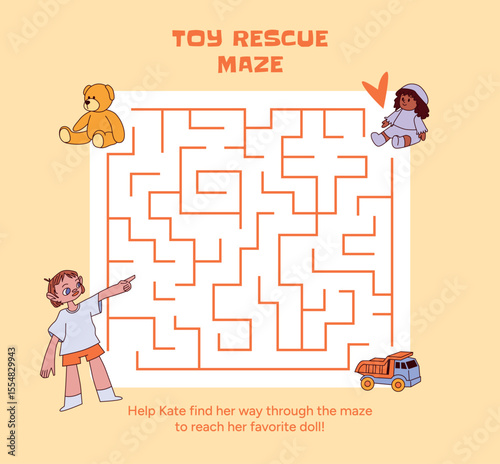 Girl pointing at Toy Maze with teddy bear, truck and doll. Help character reach favorite toy. Educational puzzle for kids. Flat cartoon vector illustration for children indoor activity game