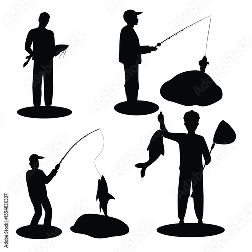 Vector set of silhouettes of fishermen with different activities