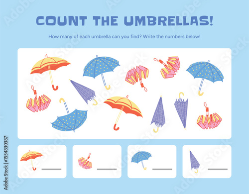 Umbrella counting game for kids with folded and open Yellow Blue Red Pink umbrellas. Educational worksheet to count each type and write numbers. Flat vector illustration for children activity