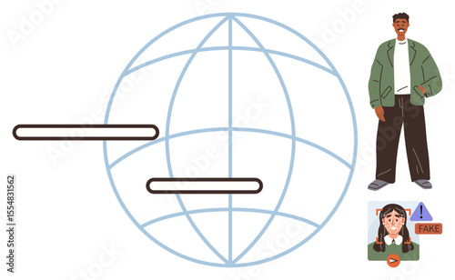 Globe with horizontal lines, man in casual outfit, woman detecting false news with FAKE warning symbol. Ideal for misinformation, media literacy, digital safety, global awareness, social