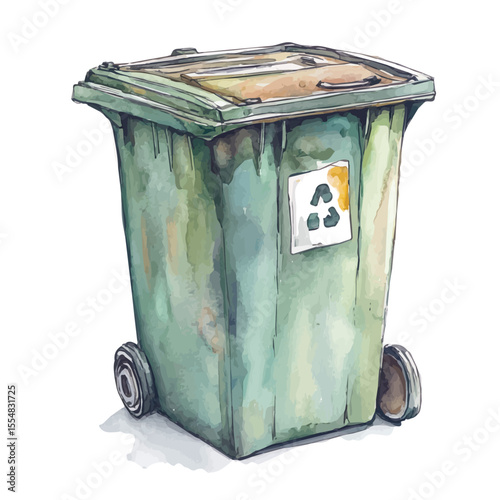 Garbage Bin, watercolor illustration vector, isolated on a white background.