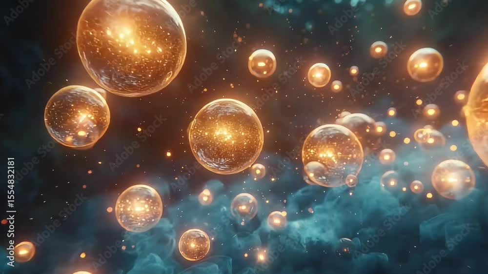 Glowing abstract ball with digital particles in dark smoky background footage